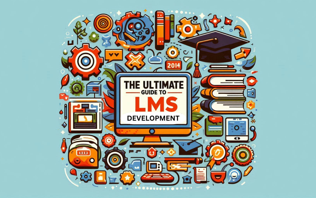 A detailed roadmap with icons representing learning management systems (LMS) development steps, tools, and best practices for building a comprehensive digital learning platform.