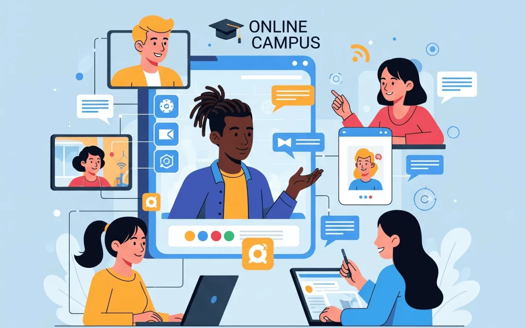 A diverse group of students engaged in an online learning platform, symbolizing the strategies for enhancing online learning in higher education.